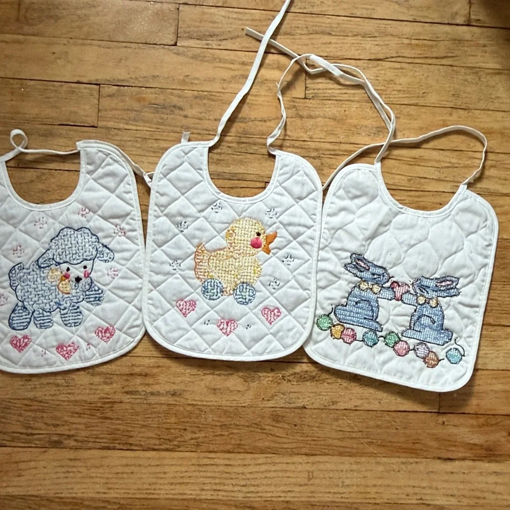 Vintage Quilted Embroidered Baby Bib Set